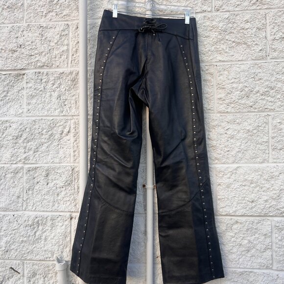 Harley Davidson Studded Black Genuine Leather Pants w Back Lace Up Detail Sz 10 - Picture 5 of 9